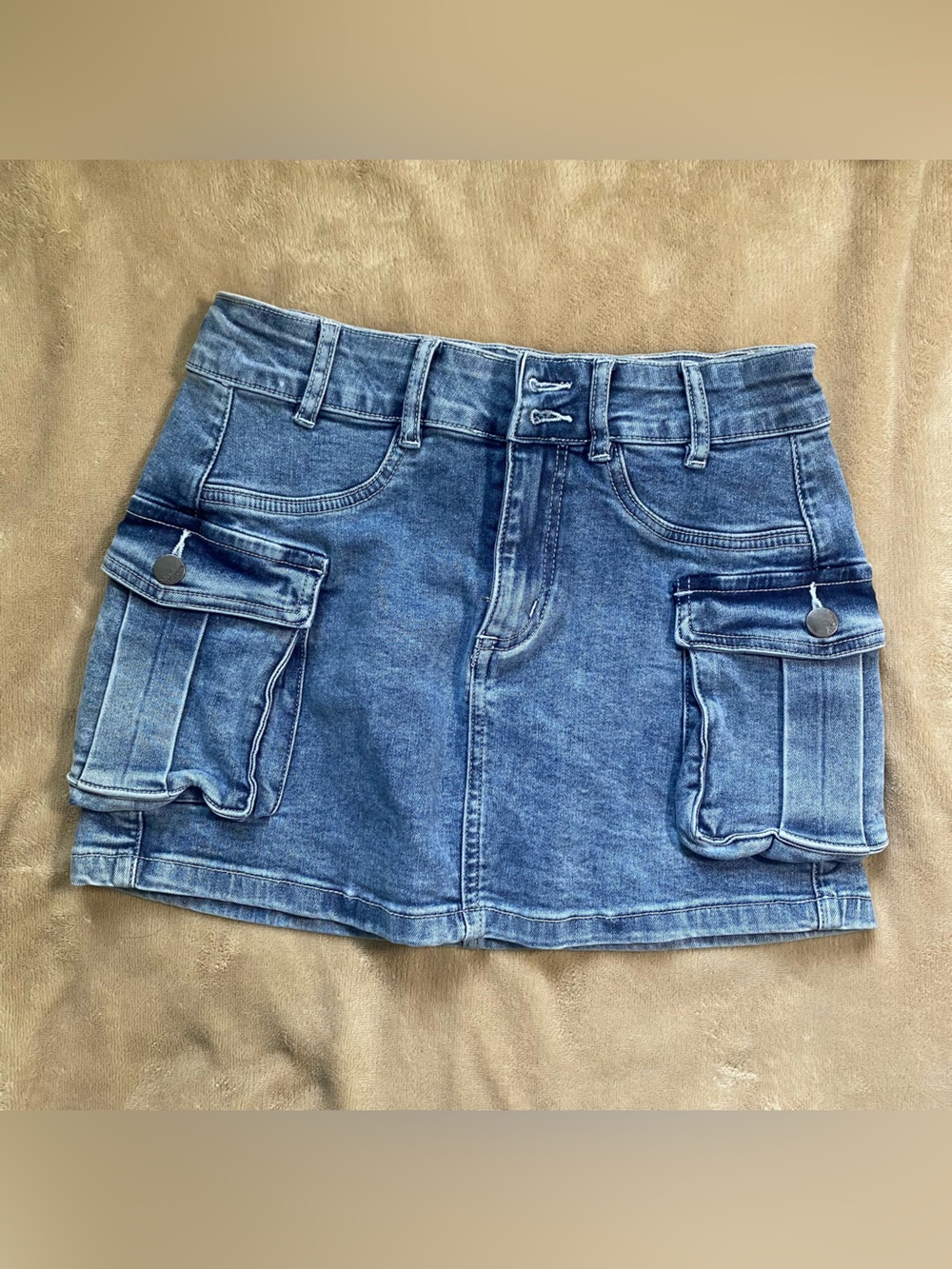 Denim Mini Skirt with Utility Pockets - Medium Blue